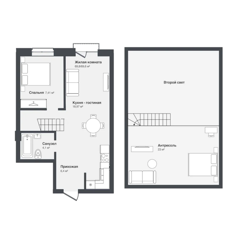 Планировка 2е-к.кв 69.60 м² в ЖК «Мечта»