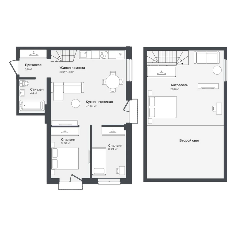 Планировка 3е-к.кв 79.80 м² в ЖК «Мечта»