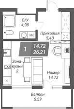 Планировка студии 26.21 м² в ЖК «Ворошилов»
