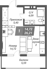 Планировка студии 26.21 м² в ЖК «Ворошилов»