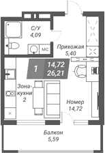 Планировка студии 26.21 м² в ЖК «Ворошилов»