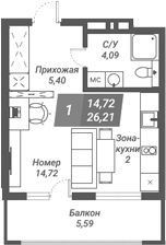 Планировка студии 26.21 м² в ЖК «Ворошилов»