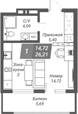 Планировка студии 26.21 м² в ЖК «Ворошилов»