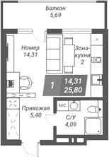Планировка студии 25.80 м² в ЖК «Ворошилов»