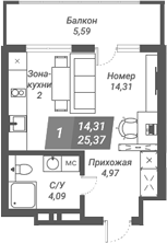 Планировка студии 25.37 м² в ЖК «Ворошилов»