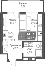 Планировка студии 25.37 м² в ЖК «Ворошилов»