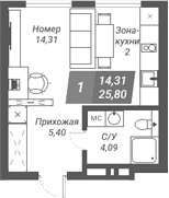 Планировка студии 25.80 м² в ЖК «Ворошилов»