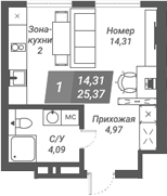 Планировка студии 25.37 м² в ЖК «Ворошилов»