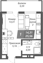 Планировка студии 25.56 м² в ЖК «Ворошилов»