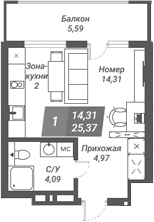 Планировка студии 25.37 м² в ЖК «Ворошилов»