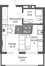 Планировка студии 26.21 м² в ЖК «Ворошилов»