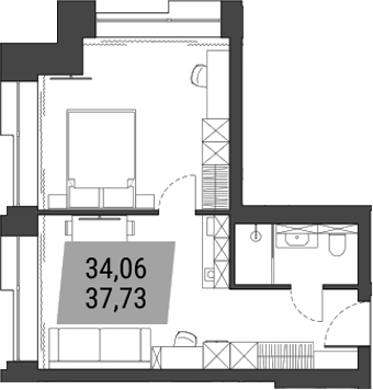 Планировка 1-к.кв 37.73 м² в ЖК «Лэнд Лорд»