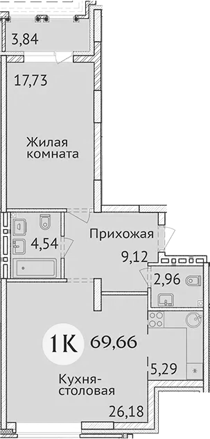Планировка 1-к.кв 65.82 м² в ЖК «Заельцовский New»