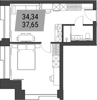 Планировка 1-к.кв 37.65 м² в ЖК «Лэнд Лорд»