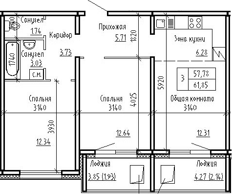 Планировка 3е-к.кв 57.78 м² в ЖК «Фламинго»