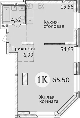 Планировка 1-к.кв 65.50 м² в ЖК «Заельцовский New»