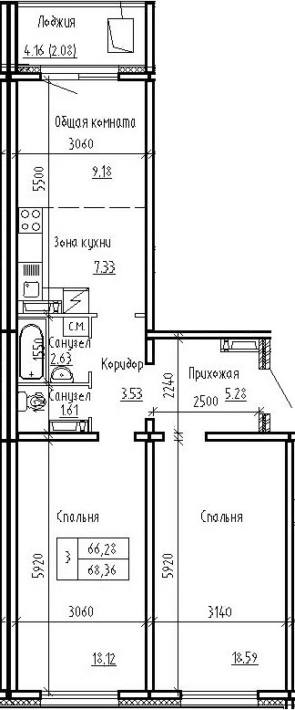 Планировка 3е-к.кв 66.28 м² в ЖК «Фламинго»