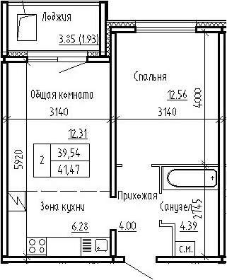 Планировка 2е-к.кв 39.54 м² в ЖК «Фламинго»