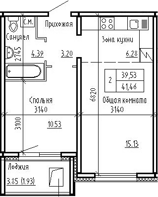 Планировка 2е-к.кв 39.53 м² в ЖК «Фламинго»