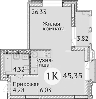 Планировка студии 40.96 м² в ЖК «Заельцовский New»