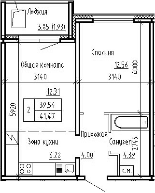 Планировка 2е-к.кв 39.54 м² в ЖК «Фламинго»