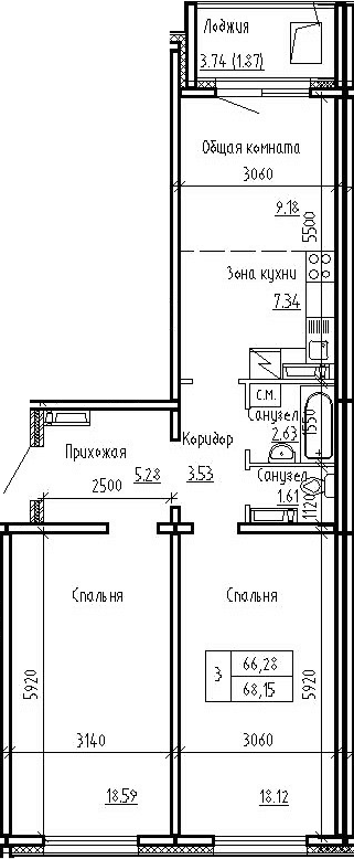 Планировка 3е-к.кв 66.28 м² в ЖК «Фламинго»