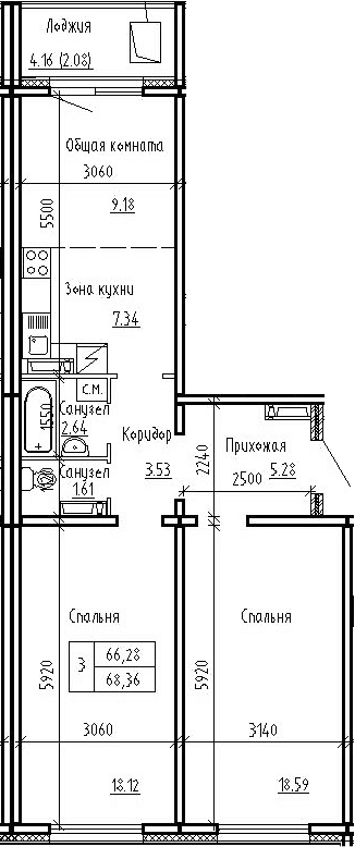 Планировка 3е-к.кв 66.28 м² в ЖК «Фламинго»