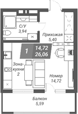 Планировка студии 26.21 м² в ЖК «Ворошилов»