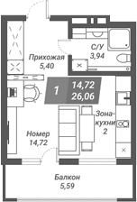 Планировка студии 26.21 м² в ЖК «Ворошилов»