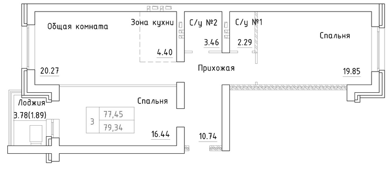 Планировка 3е-к.кв 77.45 м² в ЖК «Фламинго»