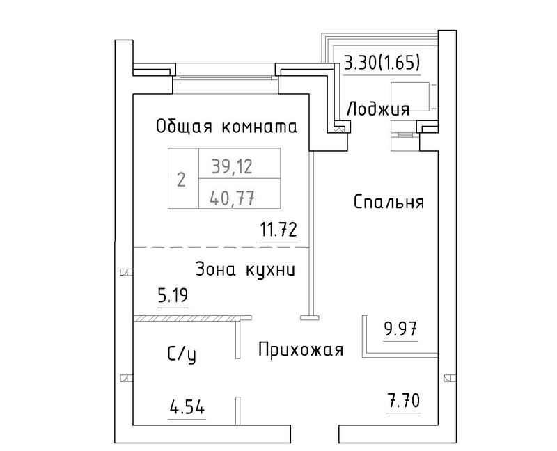 Планировка 2е-к.кв 39.12 м² в ЖК «Фламинго»