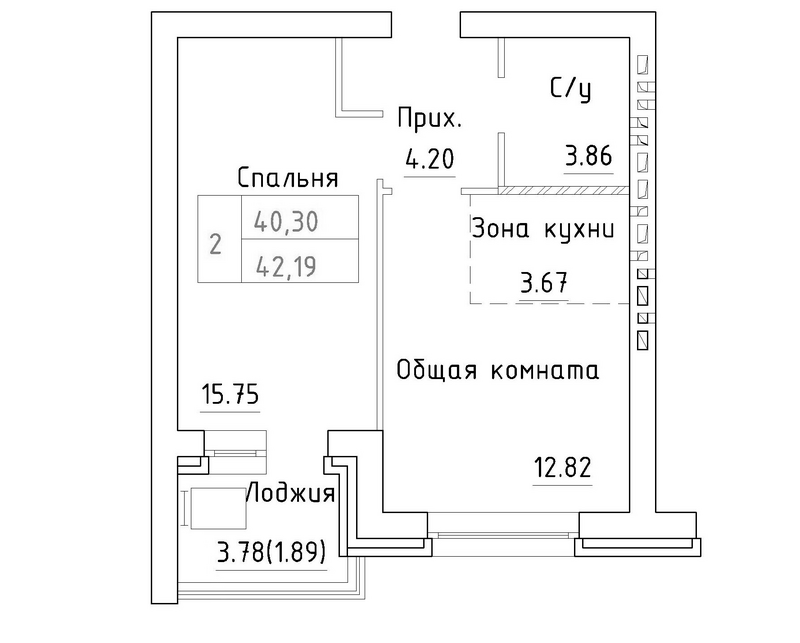Планировка 2е-к.кв 40.30 м² в ЖК «Фламинго»