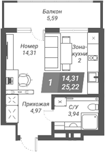 Планировка студии 25.37 м² в ЖК «Ворошилов»