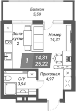 Планировка студии 25.37 м² в ЖК «Ворошилов»