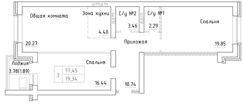 Планировка 3е-к.кв 77.45 м² в ЖК «Фламинго»