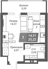 Планировка студии 25.37 м² в ЖК «Ворошилов»