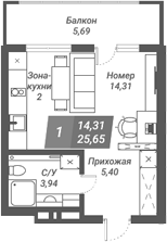 Планировка студии 25.80 м² в ЖК «Ворошилов»