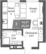 Планировка студии 25.37 м² в ЖК «Ворошилов»