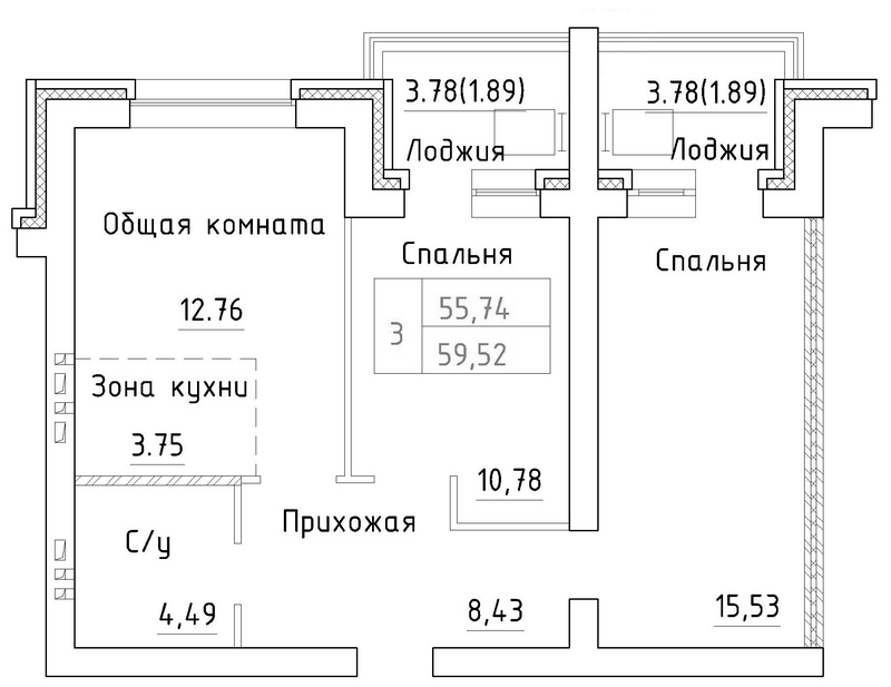 Планировка 3е-к.кв 55.74 м² в ЖК «Фламинго»