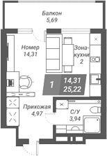 Планировка студия 25.37 м² в ЖК «Ворошилов»