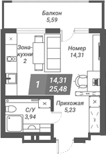 Планировка студия 25.63 м² в ЖК «Ворошилов»
