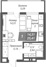 Планировка студии 25.56 м² в ЖК «Ворошилов»