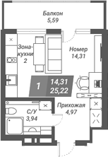 Планировка студии 25.37 м² в ЖК «Ворошилов»