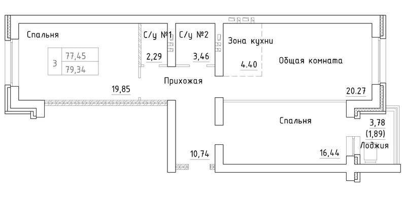 Планировка 3е-к.кв 77.45 м² в ЖК «Фламинго»