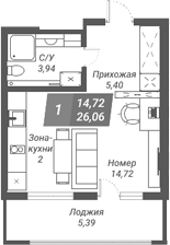 Планировка студии 26.21 м² в ЖК «Ворошилов»