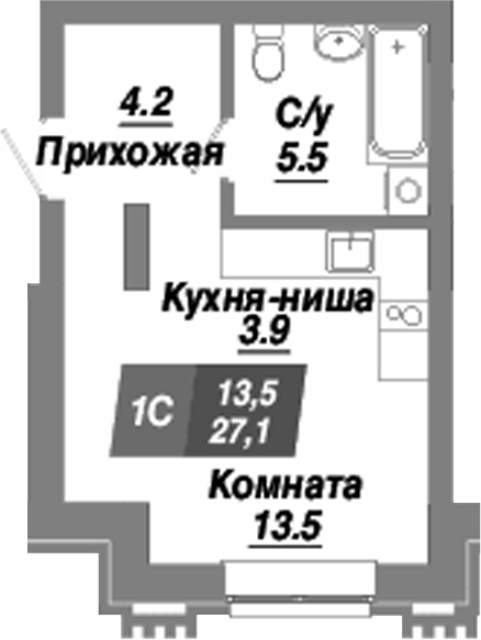 Планировка студия 27.10 м² в ЖК «Калининский квартал»