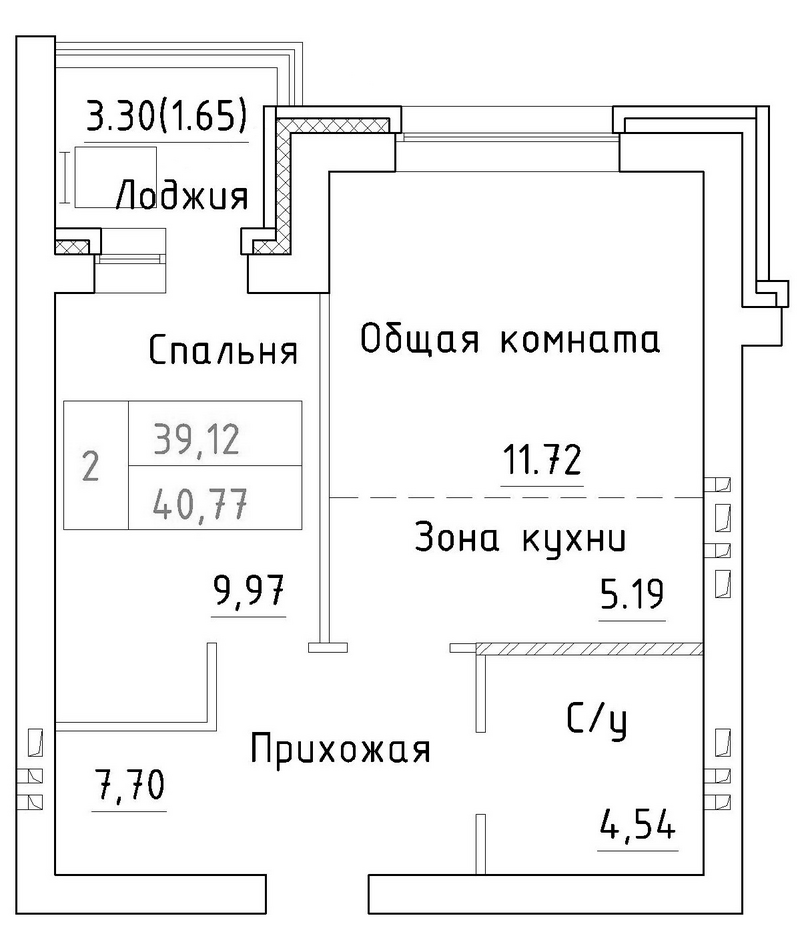Планировка 2е-к.кв 39.12 м² в ЖК «Фламинго»