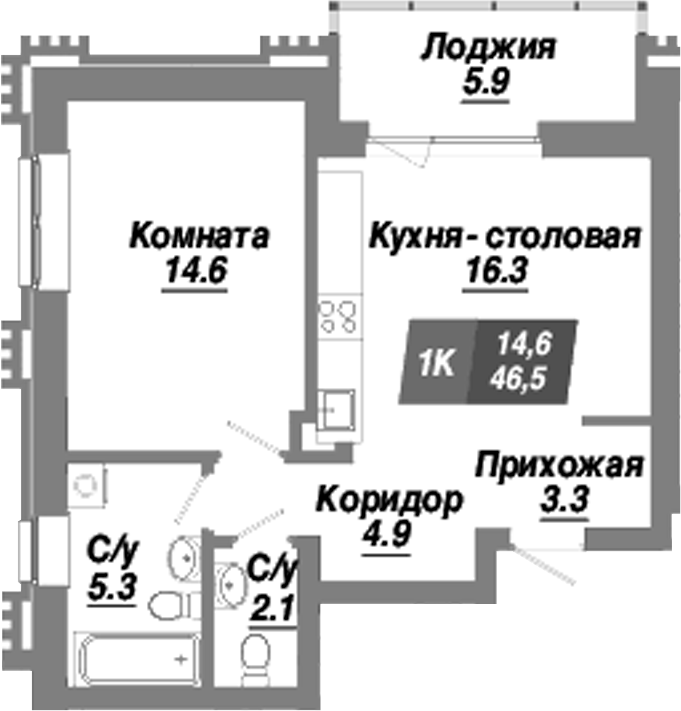 Планировка 1-к.кв 46.50 м² в ЖК «Калининский квартал»