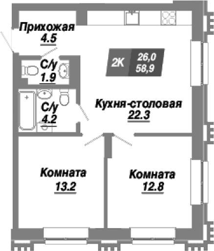 Планировка 2-к.кв 58.90 м² в ЖК «Калининский квартал»