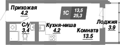 Планировка студия 25.30 м² в ЖК «Калининский квартал»
